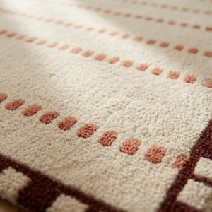 Puede incluir: Una alfombra de color crema con una superficie texturizada que presenta filas horizontales de peque&ntilde;os puntos en relieve de color terracota. La alfombra tiene un borde grueso de color marr&oacute;n oscuro con un patr&oacute;n de cuadrados alternos en crema y marr&oacute;n.