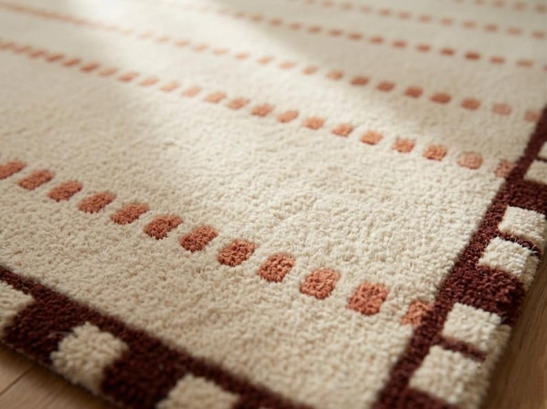 Puede incluir: Una alfombra de color crema con una superficie texturizada que presenta filas horizontales de peque&ntilde;os puntos en relieve de color terracota. La alfombra tiene un borde grueso de color marr&oacute;n oscuro con un patr&oacute;n de cuadrados alternos en crema y marr&oacute;n.