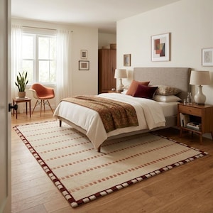 Alfombra de lana tejida a mano, alfombra moderna color crema neutro, alfombra geométrica minimalista, alfombra de lana hecha a mano, decoración para sala de estar y dormitorio. imagen 7