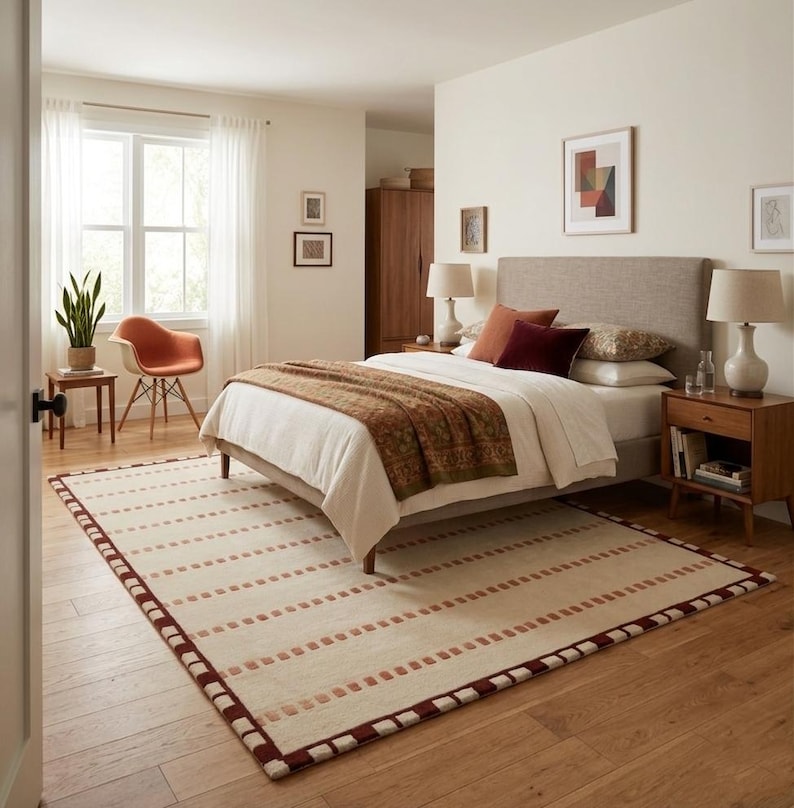 Alfombra de lana tejida a mano, alfombra moderna color crema neutro, alfombra geométrica minimalista, alfombra de lana hecha a mano, decoración para sala de estar y dormitorio. imagen 7