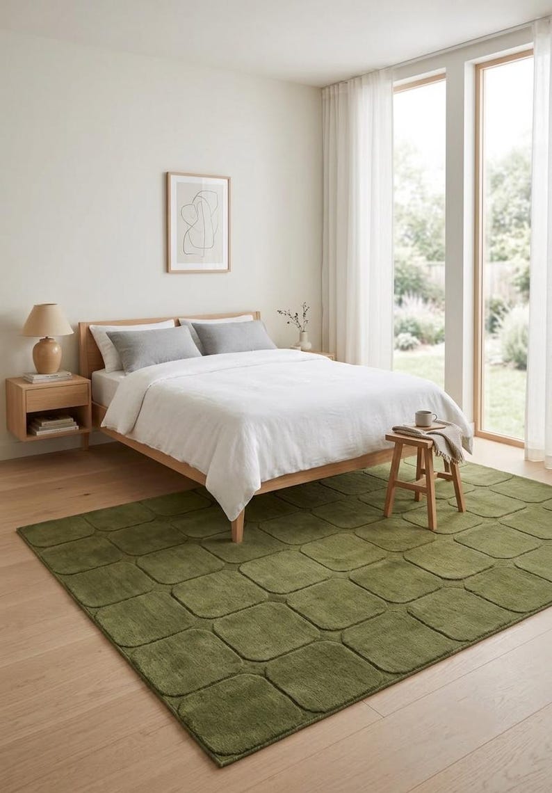 Green Solid Pattern Rug Hand Tufted Green Wool Rug, Modern Organic Geometric Area Rug ...