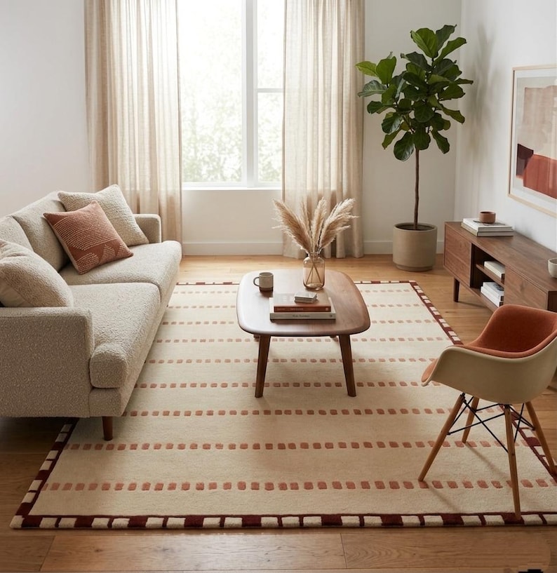Puede incluir: Una alfombra rectangular con base de color crema, filas horizontales de peque&ntilde;os bloques rectangulares de color &oacute;xido y un borde marr&oacute;n oscuro. La alfombra est&aacute; colocada sobre un suelo de madera bajo una mesa de centro y un sof&aacute;.