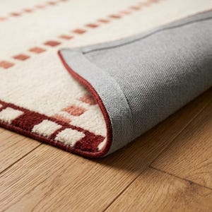 Puede incluir: Una alfombra rectangular con superficie color crema que presenta un patr&oacute;n de bloques cuadrados en rojo oscuro y rojo claro. La alfombra est&aacute; parcialmente doblada para mostrar un reverso de tela gris y un borde rematado en rojo oscuro.