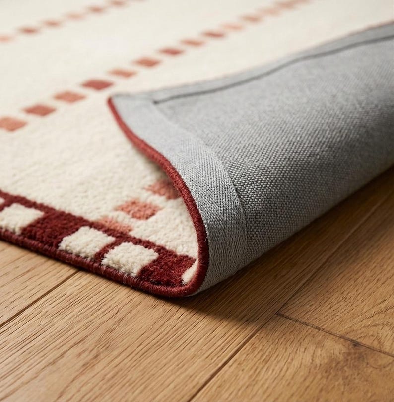 Puede incluir: Una alfombra rectangular con superficie color crema que presenta un patr&oacute;n de bloques cuadrados en rojo oscuro y rojo claro. La alfombra est&aacute; parcialmente doblada para mostrar un reverso de tela gris y un borde rematado en rojo oscuro.