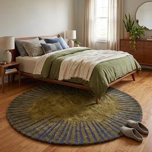 May include: A round area rug featuring a central olive green circle surrounded by a radiating pattern of dark blue and olive green stripes. The rug is placed on a wooden floor in a bedroom with a wooden bed frame, olive green bedding, and slippers.