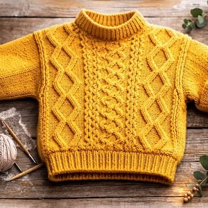 Op de afbeelding: Mosterdgele gebreide trui met een kabelgebreid ontwerp op een houten oppervlak. De trui heeft een geribbelde kraag, manchetten en zoom. Breinaalden en bollen wol liggen naast de trui. Een warm, gezellig kledingstuk.