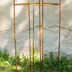 Könnte beinhalten: Ein verwittertes, rostiges Metall-Gartenspalier steht in einer grasbewachsenen Fläche. Das Spalier hat einen rechteckigen Rahmen mit vertikalen und horizontalen Stäben, gekrönt von dekorativen Zierknöpfen. Die Struktur ist für Kletterpflanzen konzipiert.