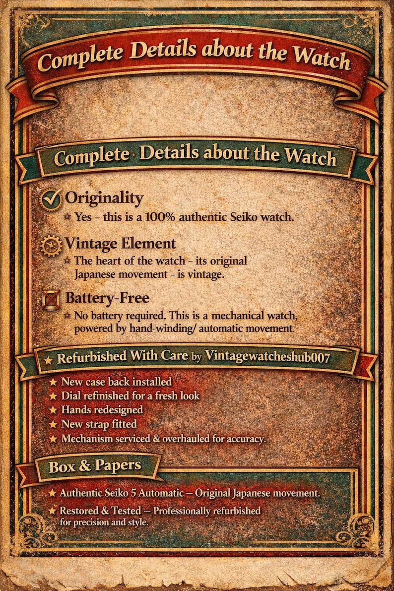 May include: A vintage-style card with text detailing a Seiko watch. The card features headings like "Originality," "Vintage Element," and "Battery-Free." It highlights the watch's authenticity, original Japanese movement, and mechanical nature. The card also mentions refurbishment details.