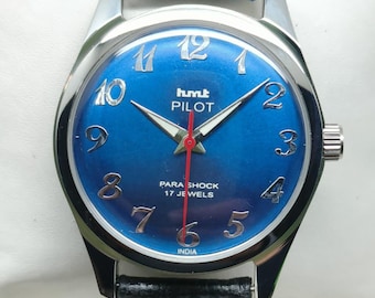 Vintage HMT Pilot Mechanical Watch: Blue Dial, 17 Jewels, Men's Wristwatch