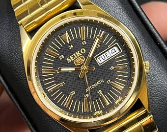 Refurbished seiko 5 automatic wrist watch black dial gold plated bracelet