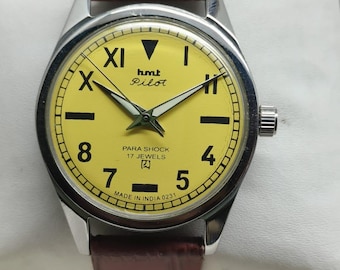 Vintage HMT Pilot Mechanical Watch: yellow Dial, 17 Jewels, Men's Wristwatch