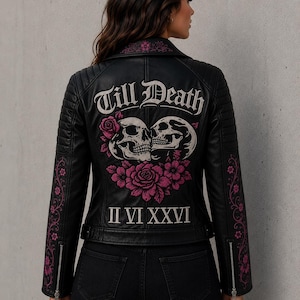 Chaqueta de cuero nupcial personalizada para mujer / Chaqueta motera bordada "Hasta la muerte" / Regalo de boda personalizado hecho a mano para ella