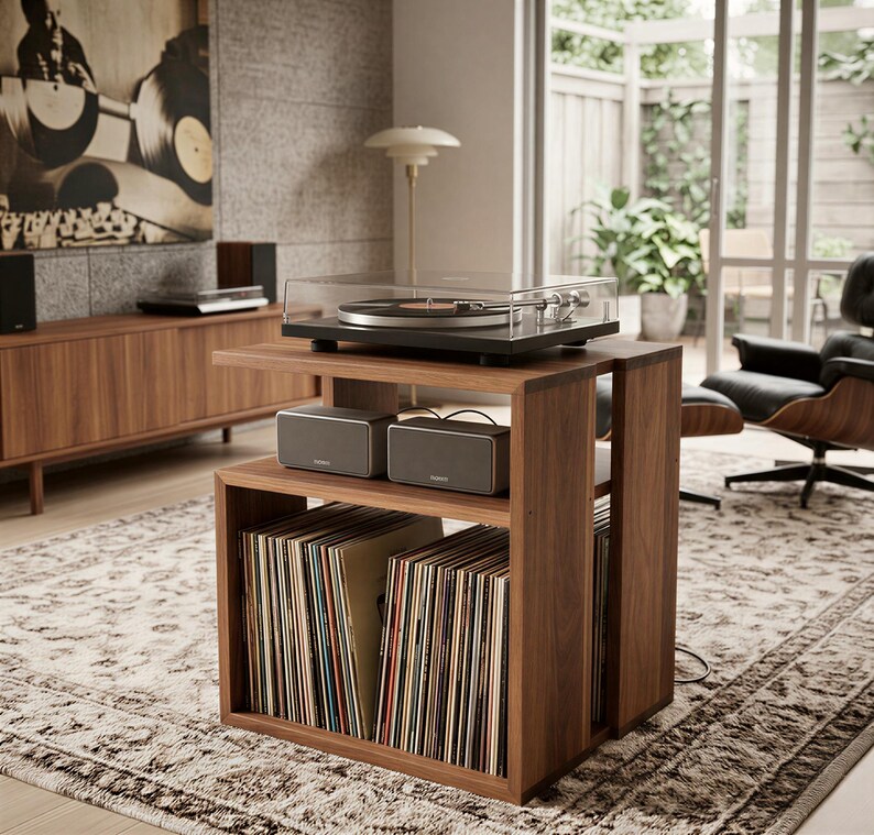 Solid Teak Wood Record Player Stand, Midcentury Vinyl Storage Unit ...