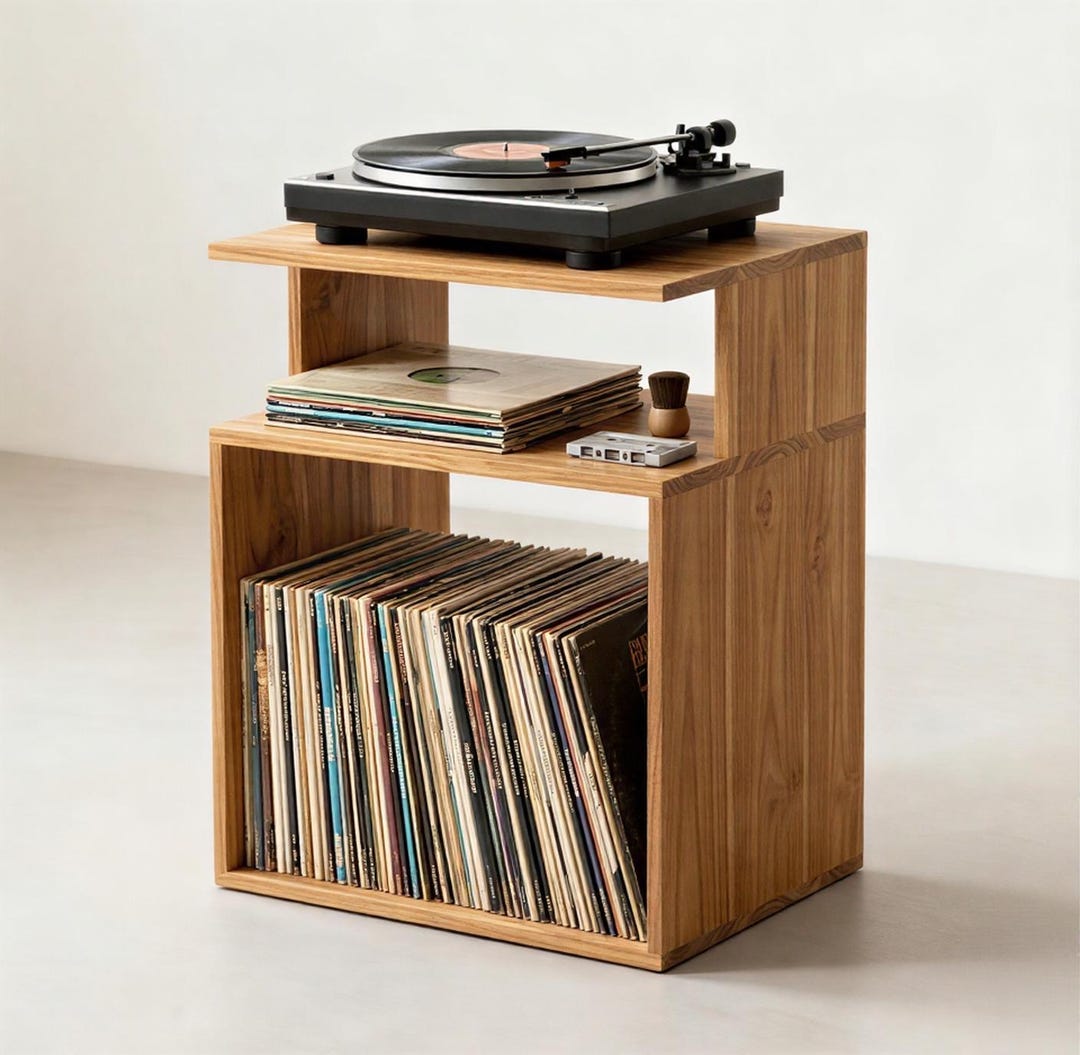 Solid Teak Wood Record Player Stand Table, Natural Matte Finish Vinyl ...
