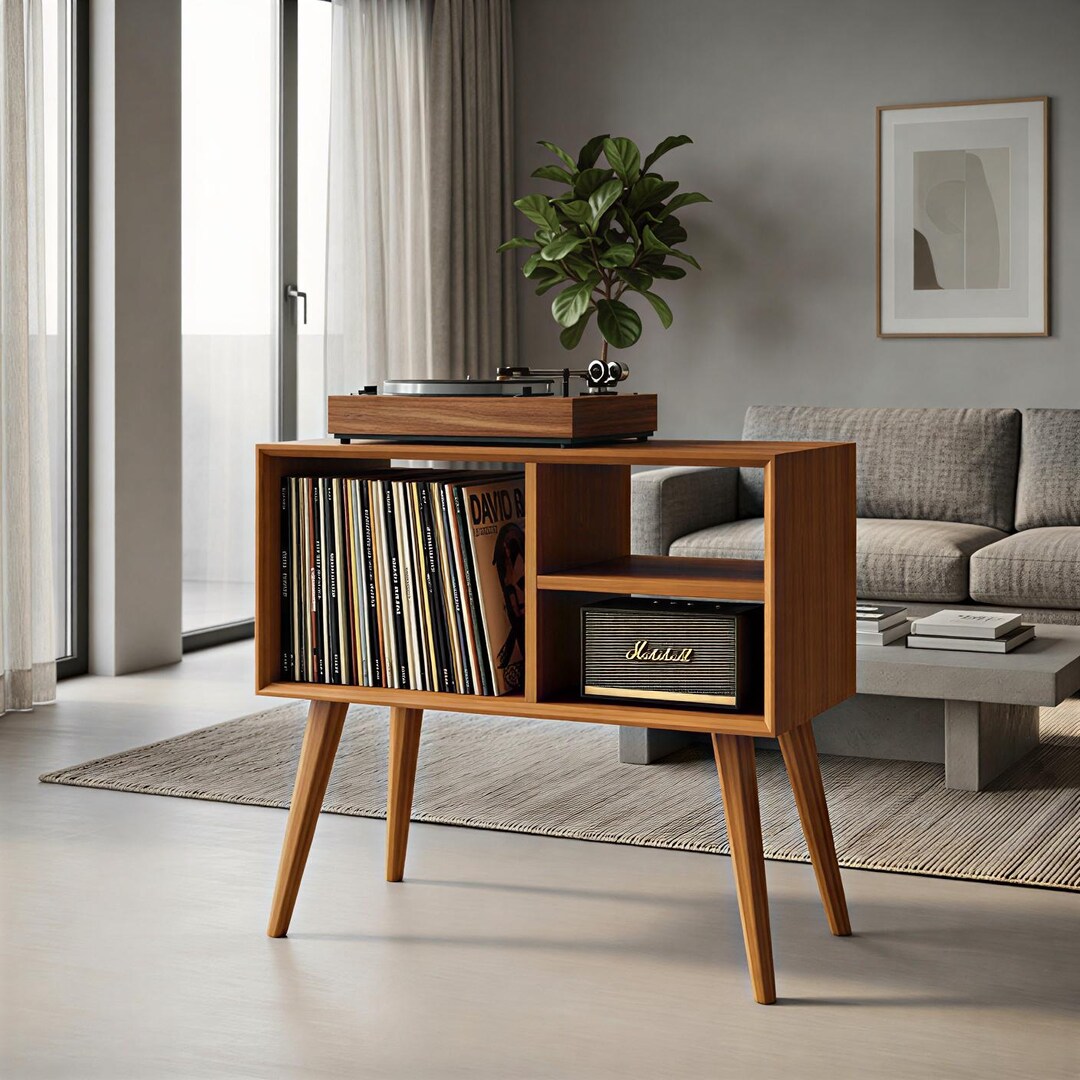 Mid Century Teak Wood Record Player Stand – Natural Audio Storage ...