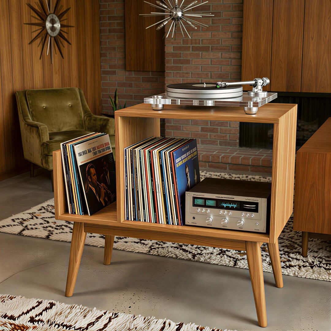 Turntable Bench Natural Teak Wood Turntable Cabinet – Mid Century Vinyl Record Stand ...