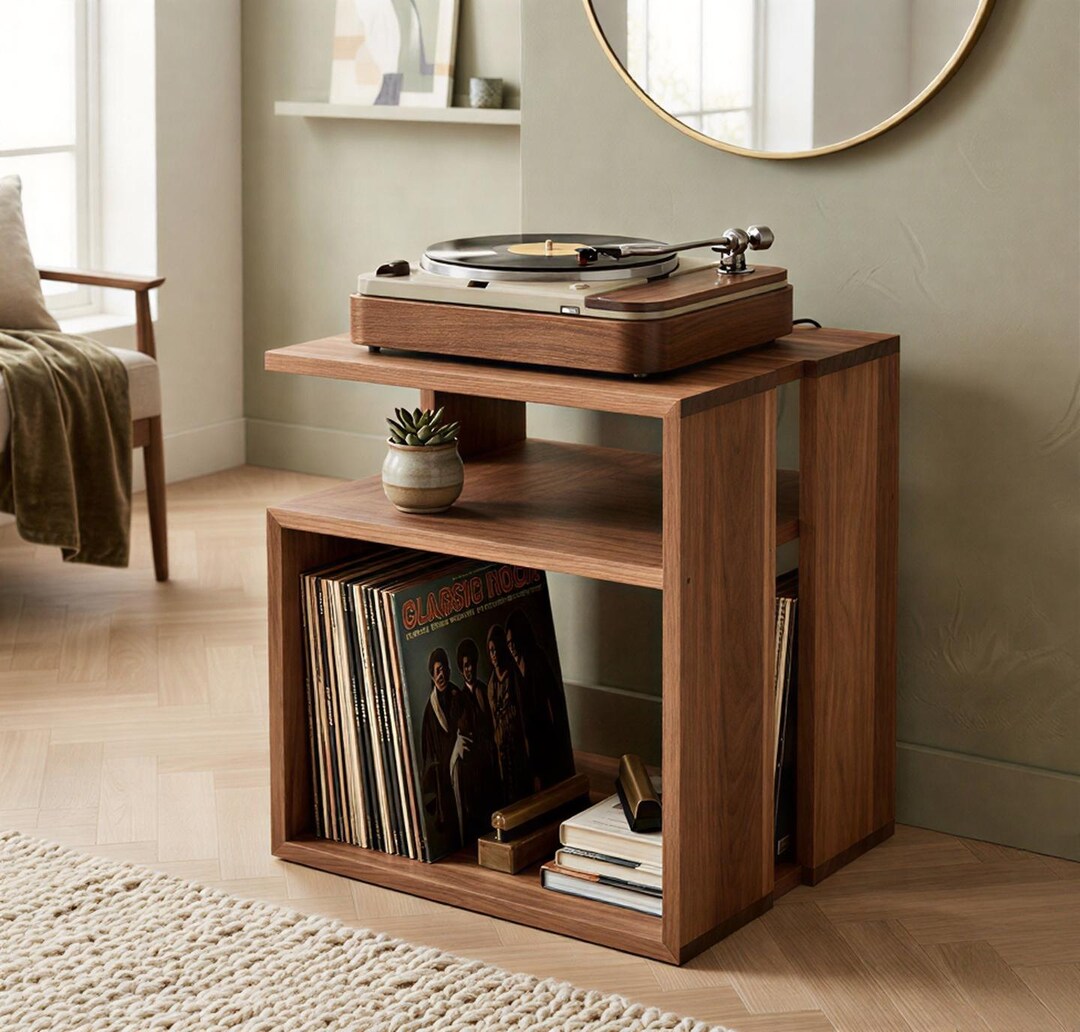 Solid Teak Wood Record Player Stand, Midcentury Vinyl Storage Unit ...