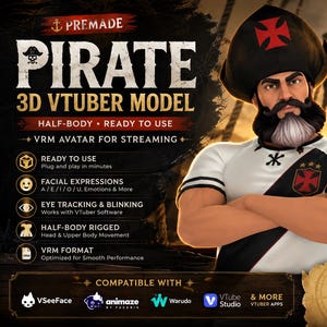 May include: A 3D pirate VTuber model featuring a character with a black tricorne hat, a dark beard, and a white shirt with a black sash and red cross emblem. The text reads PREMADE PIRATE 3D VTUBER MODEL, READY TO USE, VRM AVATAR FOR STREAMING, and more.