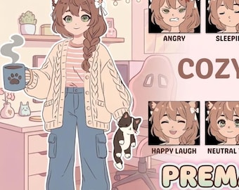 Gotowy awatar Cozy Cat Girl PNGTuber | Model do streamowania anime (pobieranie cyfrowe)
