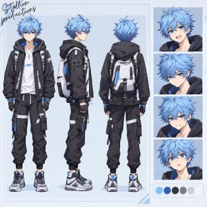 May include: A character reference sheet featuring a person with spiky blue hair wearing a black hooded jacket, white t-shirt, black cargo pants, and sneakers. The sheet includes front, side, and back views, a backpack, and four facial expressions.