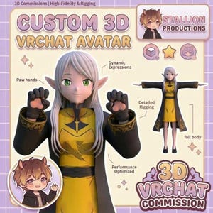 May include: A 3D VRChat avatar with long light hair, pointed ears, and green eyes, wearing a yellow tunic under a black coat with gold trim and paw-shaped gloves. The image includes text labels for dynamic expressions, detailed rigging, and performance optimized features.