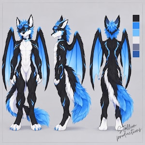 May include: A digital character reference sheet featuring a wolf-like creature with black, white, and blue fur, large wings, and goggles. The character is shown from front, side, and back views, with a color palette displayed on the right side.
