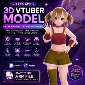 May include: A 3D VTuber model featuring a character with light brown hair in pigtails, wearing a red crop top with two buttons, olive green shorts with a heart buckle, and arm cuffs. The graphic includes text: PREMADE 3D VTUBER MODEL READY-TO-USE VRM AVATAR.