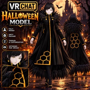 May include: A VRChat Halloween model featuring a character with short black hair wearing a long black coat with gold honeycomb patterns, feathered collar and hem, and gold accents. Text includes VR CHAT HALLOWEEN MODEL, FULLY RIGGED, UNITY PACKAGE, TOGGLES & CUSTOMIZATION, OPTIMIZED FOR VRCHAT.