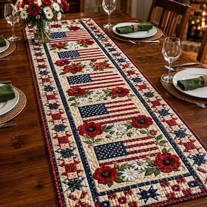 Faux Patchwork Patriotic Table Runner, American Flag Decor, 4th of July Table Decor, Americana Kitchen Decor, Independence Day Dining Gift