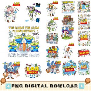 Może przedstawiać: Kolekcja kolorowych cyfrowych obrazów PNG z postaciami z "Toy Story" w fartuchach laboratoryjnych. Obrazy zawierają tekst, taki jak "LAB STORY", "LAB WEEK 2026" i "CHEMISTRY CREW". Motywem przewodnim jest nauka i laboratorium.