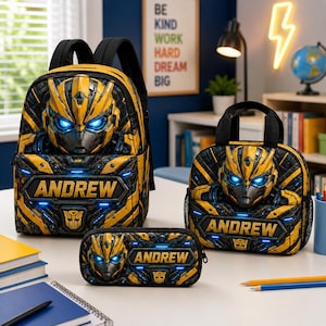 Personalized Bumblebee Backpack Set, Custom Transformer School Backpack, Robot Bookbag Lunch Bag Pencil Case For Boys