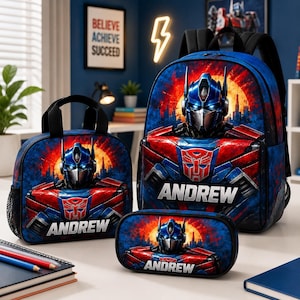 Personalized Optimus Prime Transformers Back to School Backpack - Decepticons - Kids School Bag - Book Bag or Set With Lunchbox