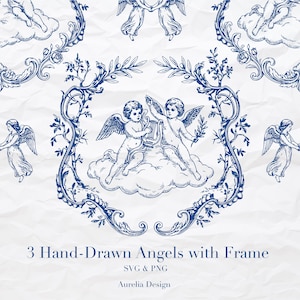 Könnte beinhalten: Eine digitale Illustration in Blau und Weiß mit handgezeichneten Engeln, Wolken und dekorativen Rahmen. Das Design umfasst cherubische Figuren. Der Text unten lautet "3 Hand-Drawn Angels with Frame" und "SVG & PNG".