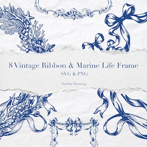 Könnte beinhalten: Eine marineblaue Illustration mit acht Vintage-Rahmen mit Bändern und Meeresmotiven. Das Design umfasst detaillierte Zeichnungen von Korallen, Seesternen und dekorativen Schleifen. Der Text lautet "8 Vintage Ribbon & Marine Life Frame SVG & PNG" und "Aurelia Drawing".