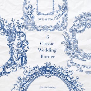 Puede incluir: Una colección de seis diseños de bordes de boda clásicos en azul y blanco. Los diseños incluyen marcos ornamentados, querubines, elementos florales y cintas. También está presente el texto "SVG & PNG" y "6 Classic Wedding Border".