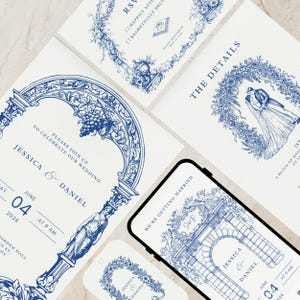 May include: Elegant wedding invitation suite in navy blue and white. The design features ornate architectural and floral illustrations. The suite includes invitations, RSVP cards, and a smartphone displaying a matching design. The text includes the names Jessica & Daniel and the wedding date.