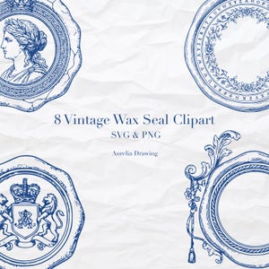Könnte beinhalten: Eine Sammlung von acht Vintage-Wachssiegel-Cliparts in Blau, mit verschiedenen verzierten Rahmen und klassischen Illustrationen. Der Text "8 Vintage Wax Seal Clipart SVG & PNG Aurelia Drawing" ist ebenfalls enthalten.