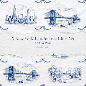 Puede incluir: Ilustraciones en línea azul de cinco monumentos de la ciudad de Nueva York, incluyendo el puente de Brooklyn y el Empire State Building, sobre un fondo blanco texturizado. El texto dice "5 New York Landmarks Line Art SVG & PNG Aurelia Design".