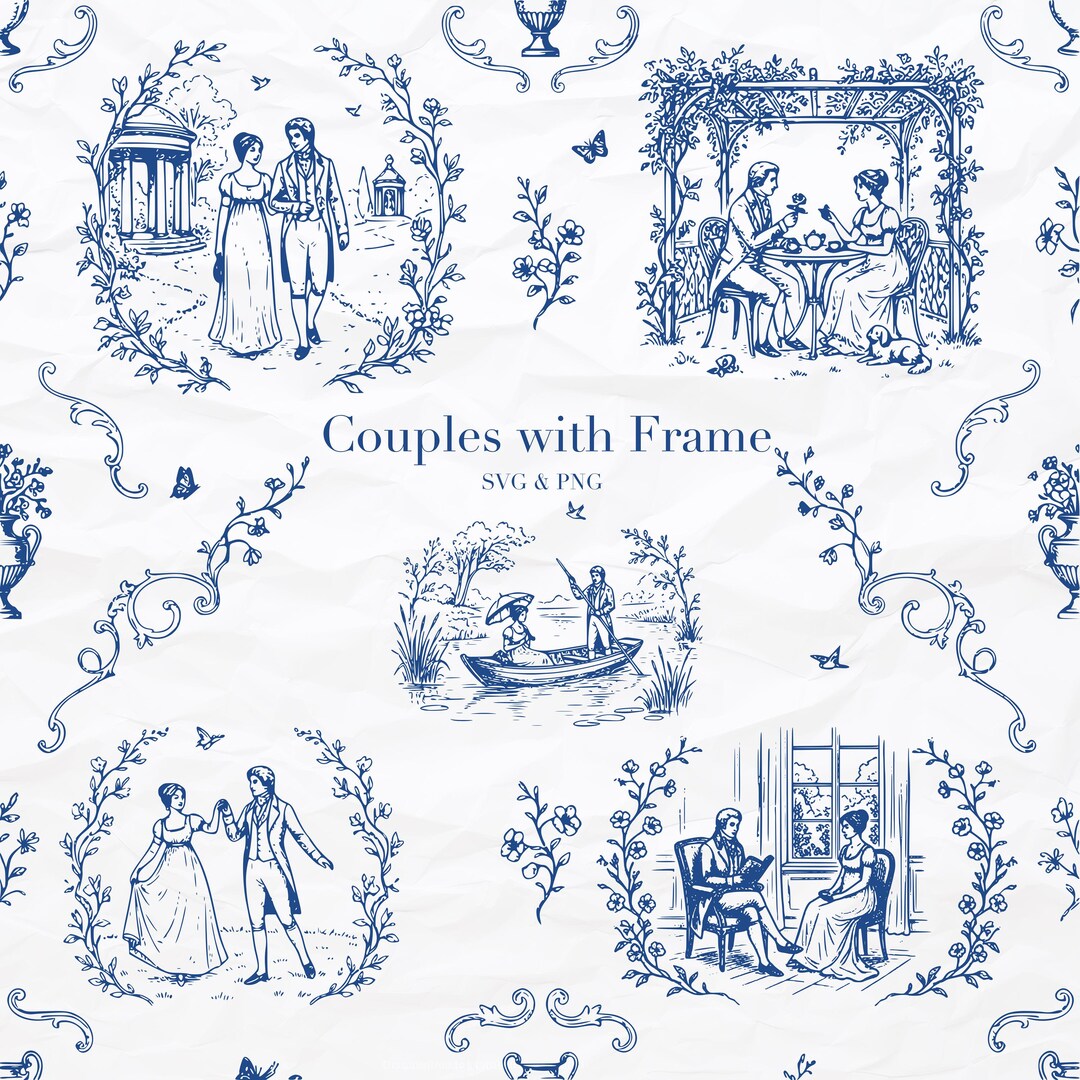Vintage Regency Couple Wedding Frame SVG, Toile de Jouy Floral Border ...