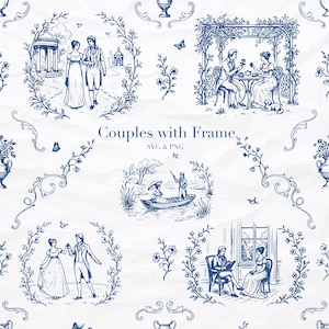 Könnte beinhalten: Ein nahtloses Muster mit blau-weißen Illustrationen von Paaren in verschiedenen romantischen Szenen, umrahmt von floralen Kränzen. Das Design umfasst Bilder von Menschen in einem Pavillon, auf einem Boot und beim Gehen, mit dem Text "Couples with Frame".
