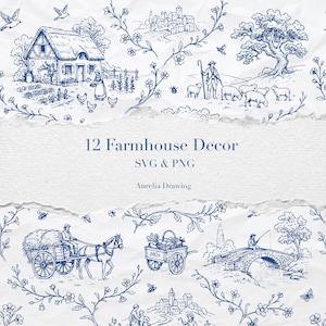 Vintage Farmhouse Toile Clipart,Rustic Countryside Scenes, Harvest Livestock Illustrations, French Pastoral Life Art,Farmhouse,Harvest