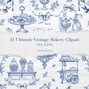 Vintage Bakery Clipart Bundle, French Boulangerie,Baker & Bread,Kitchen Decor, Croissant,Artisan Bread,Macaron,Afternoon Tea,Dessert PNG SVG