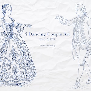 Könnte beinhalten: Eine blaue Strichzeichnung eines Tanzpaares in historischer Kleidung. Die Frau trägt ein großes Kleid mit floralen Mustern, der Mann einen langen Mantel. Der Text lautet "4 Dancing Couple Art SVG & PNG" und "Aurelia Drawing".
