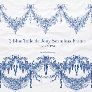 Borde sin costuras Toile de Jouy, borde de guirnalda de estilo francés antiguo, marco floral sin costuras para invitaciones, diseño de borde ornamental clásico