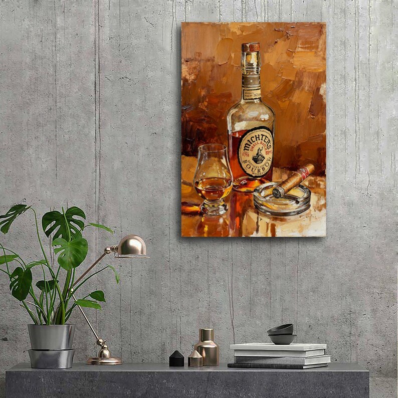May include: An oil painting depicts a bottle of Michter's Bourbon, a glass of amber liquid, a lit cigar, and an ashtray. The label on the bottle is visible. The background is a blend of brown and orange hues, creating a warm, inviting atmosphere.