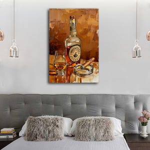 May include: An oil painting depicts a bottle of Michter's Bourbon, a glass of amber liquid, a lit cigar, and an ashtray. The artwork has a warm color palette of browns and oranges, with highlights and shadows creating depth. The composition suggests a still life.