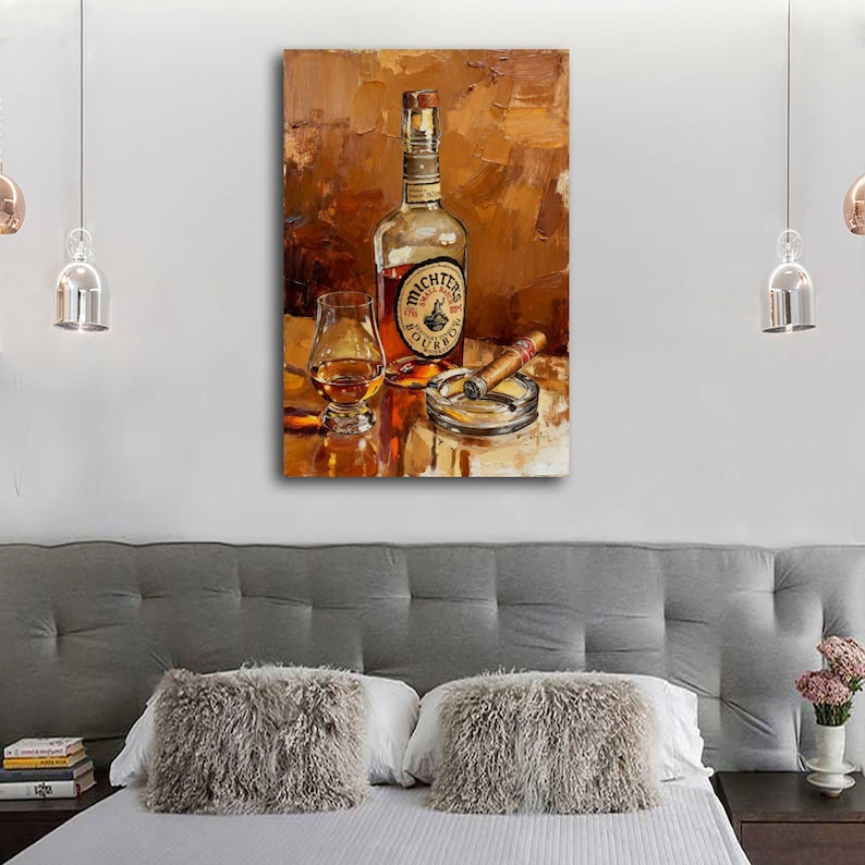 May include: An oil painting depicts a bottle of Michter's Bourbon, a glass of amber liquid, a lit cigar, and an ashtray. The artwork has a warm color palette of browns and oranges, with highlights and shadows creating depth. The composition suggests a still life.