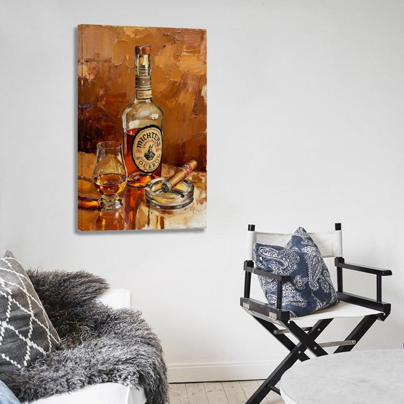May include: Oil painting of a bourbon bottle, a glass of amber liquid, a lit cigar, and an ashtray. The bottle has a label that reads "Michter's Bourbon". The artwork has a warm, inviting color palette with brown and gold tones.