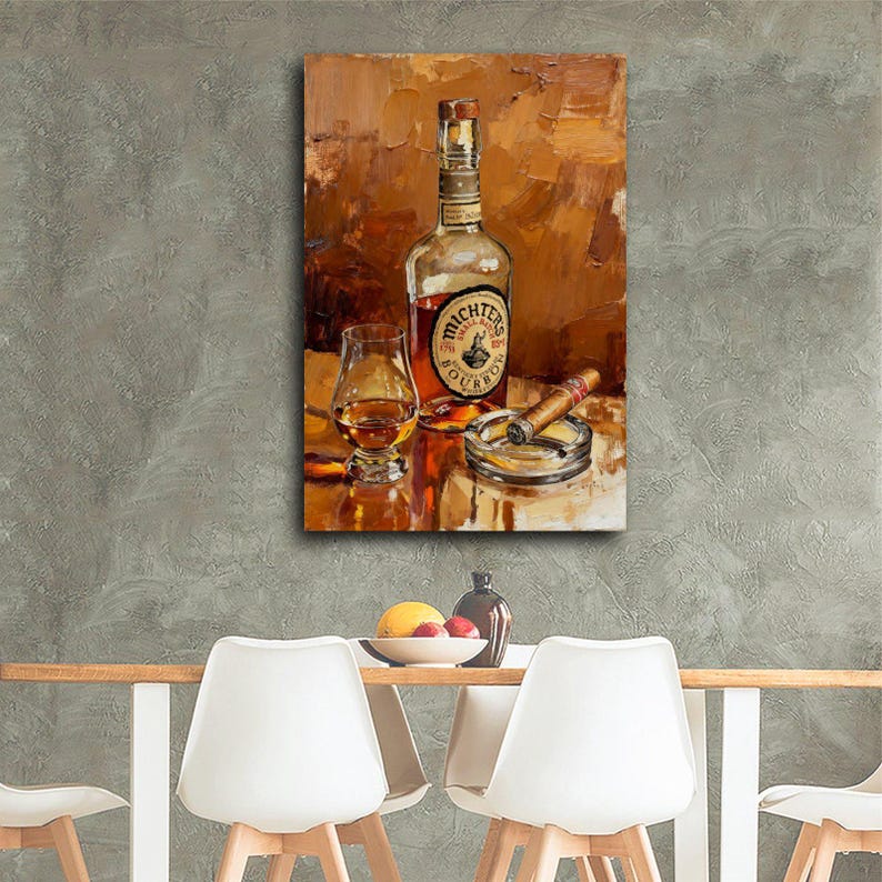 May include: A still-life painting featuring a bottle of Michter's Bourbon, a glass of amber liquid, a lit cigar, and an ashtray. The bottle has a detailed label. The background is a blend of brown and gold tones.