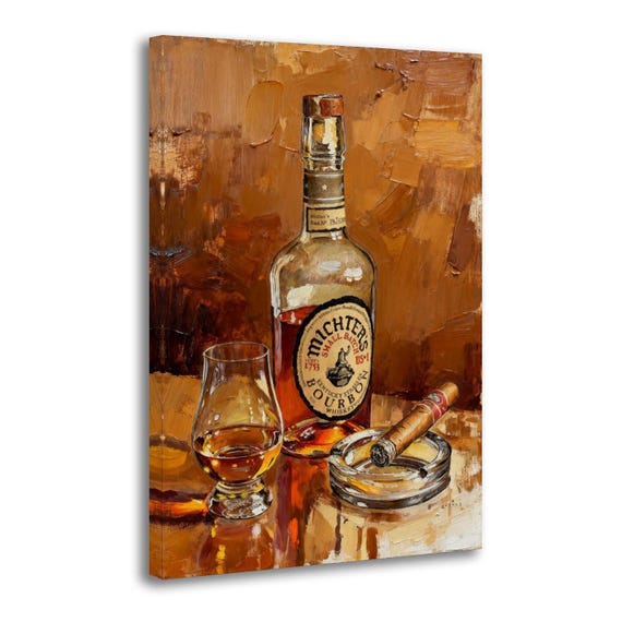 Retro Bourbon Whiskey With Cigar Bar Kitchen Still Life Pictures Oil Painting Home Decor Wall Art Waterproof Vinyl Fabric Canvas HD Print